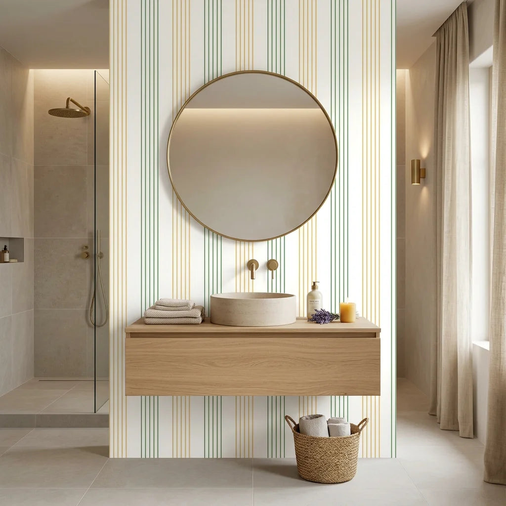 Green and gold Leaf Stripe peel and stick wallpaper in modern bathroom with natural lighting
