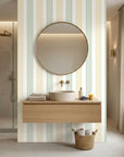Green and gold Leaf Stripe peel and stick wallpaper in modern bathroom with natural lighting
