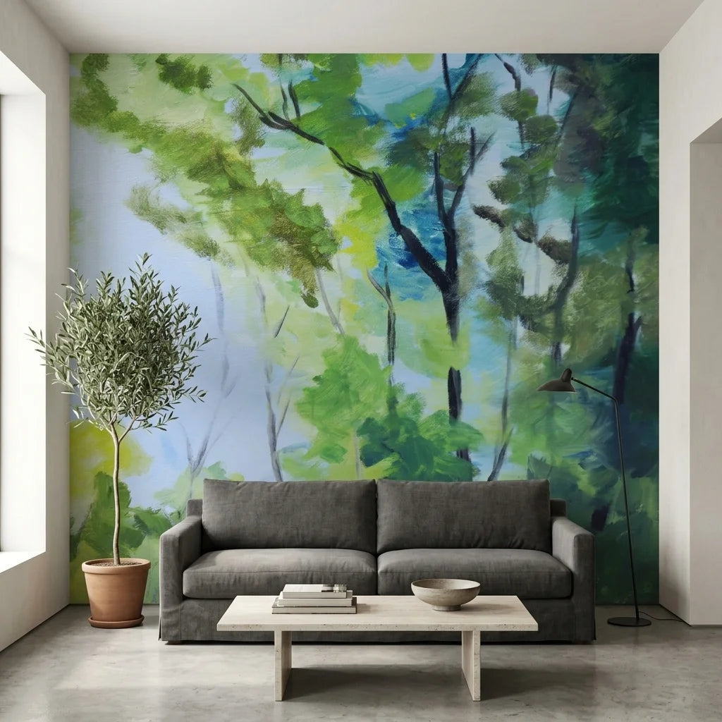 Smooth painterly green forest canopy with dappled light peel and stick wallpaper - Leaf & Light
