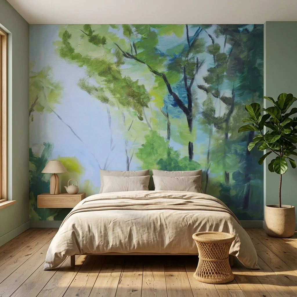 Leaf & Light serene green forest canopy wallpaper in a warm and inviting living room