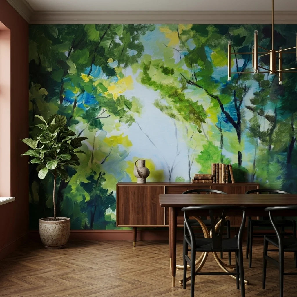 Leaf & Light serene green forest canopy wallpaper adding character to a cozy bedroom