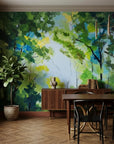 Leaf & Light serene green forest canopy wallpaper adding character to a cozy bedroom