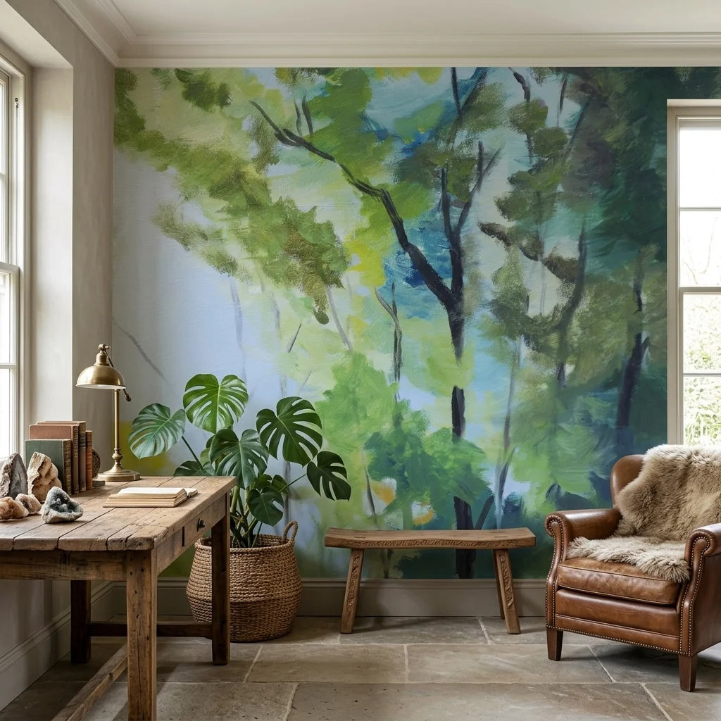 Leaf & Light serene green forest canopy wallpaper as a feature wall in a bright home office