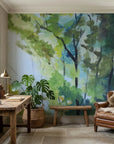 Leaf & Light serene green forest canopy wallpaper as a feature wall in a bright home office