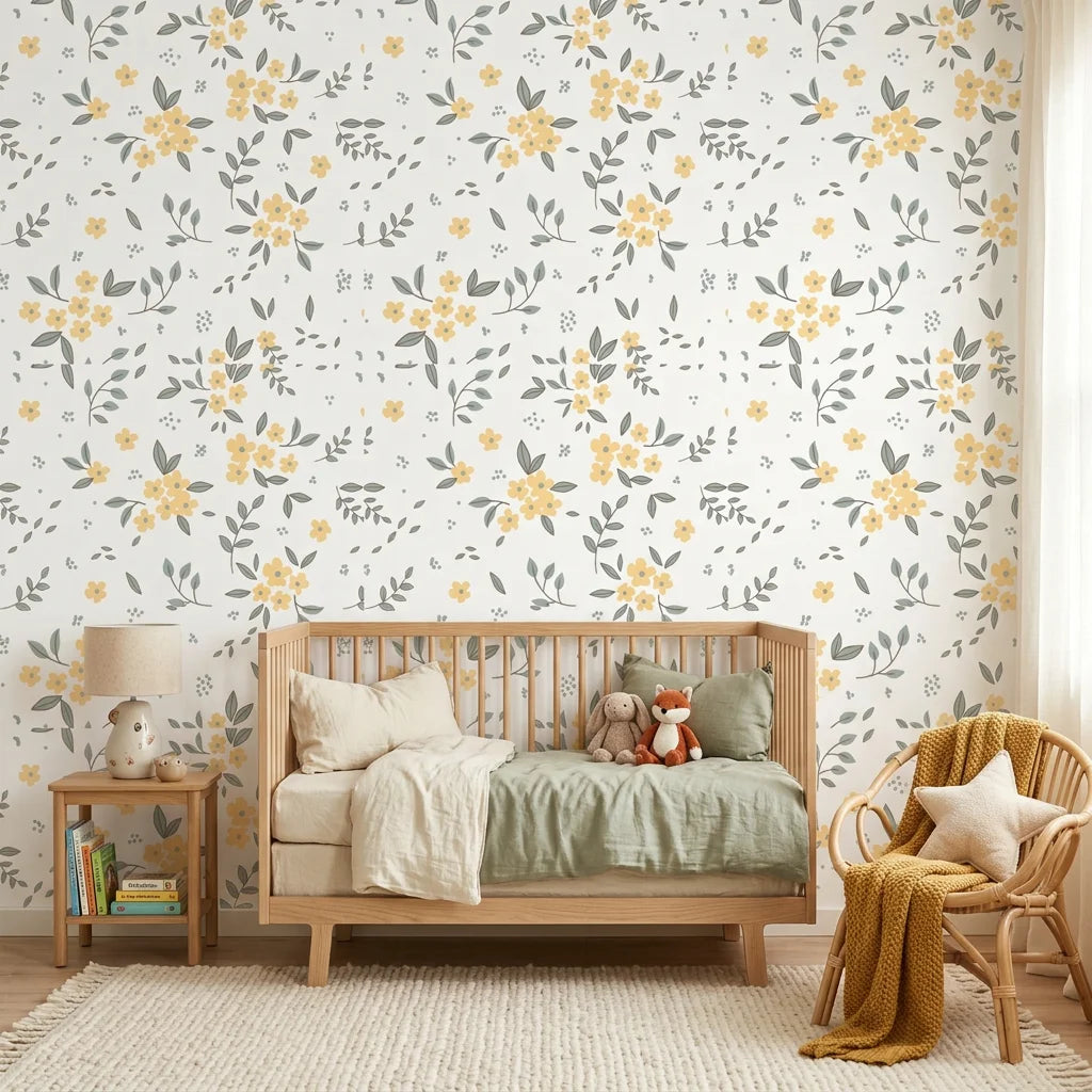 Lemon Grove floral wallpaper with yellow blooms and gray leaves in a serene nursery setting
