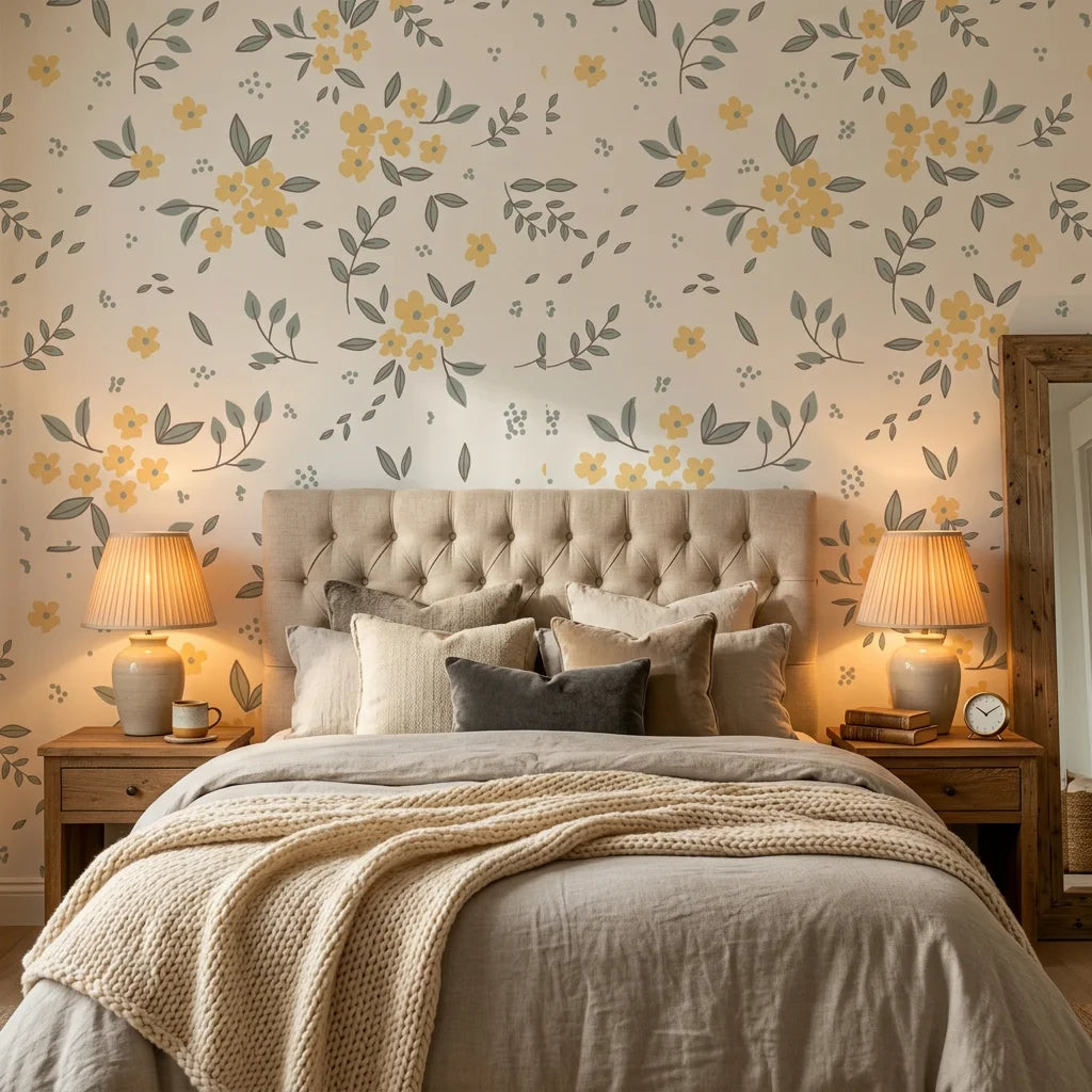 Lemon Grove floral wallpaper with golden yellow blooms and sage leaves on cream background in cozy bedroom