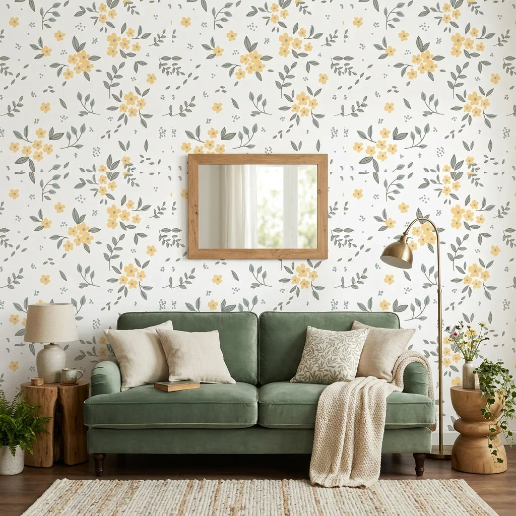 Lemon Grove removable wallpaper with yellow flowers and gray leaves on living room accent wall