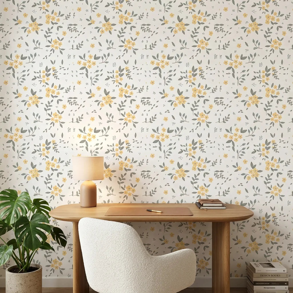 Lemon Grove removable wallpaper with yellow florals and sage leaves on cream background in modern home office