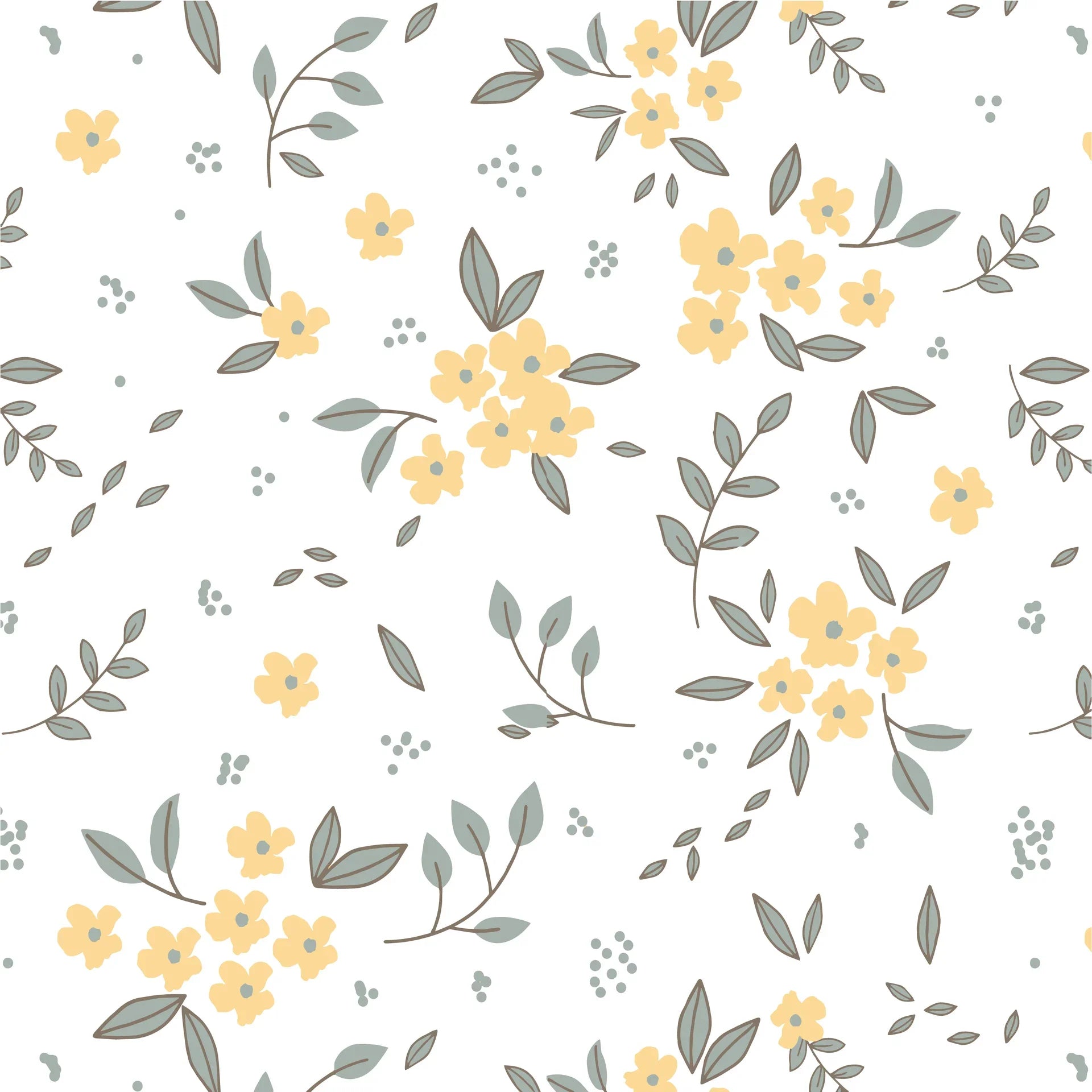 Cottage-style Lemon Grove wallpaper with butter yellow flowers and sage green leaves on cream background
