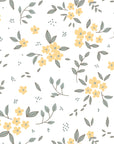 Cottage-style Lemon Grove wallpaper with butter yellow flowers and sage green leaves on cream background