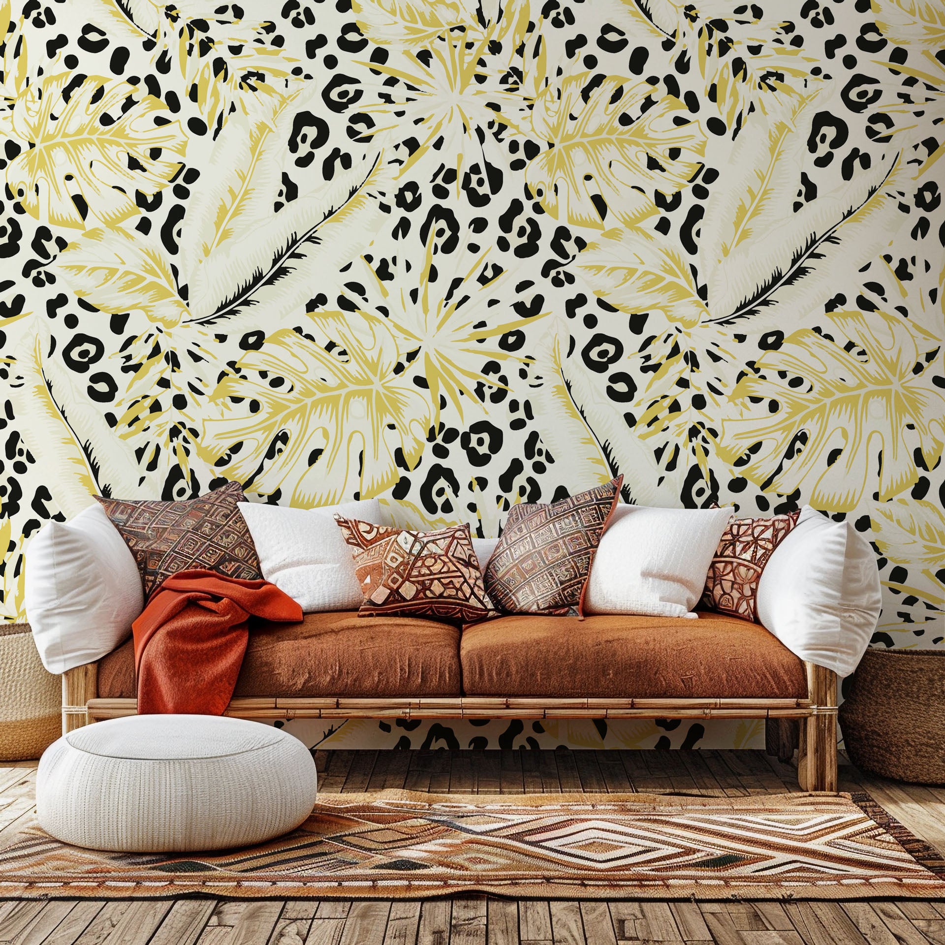 Wallpaper featuring yellow jungle foliage and bold leopard spots, self-adhesive, 'Leopard Bloom' pattern