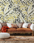 Wallpaper featuring yellow jungle foliage and bold leopard spots, self-adhesive, 'Leopard Bloom' pattern