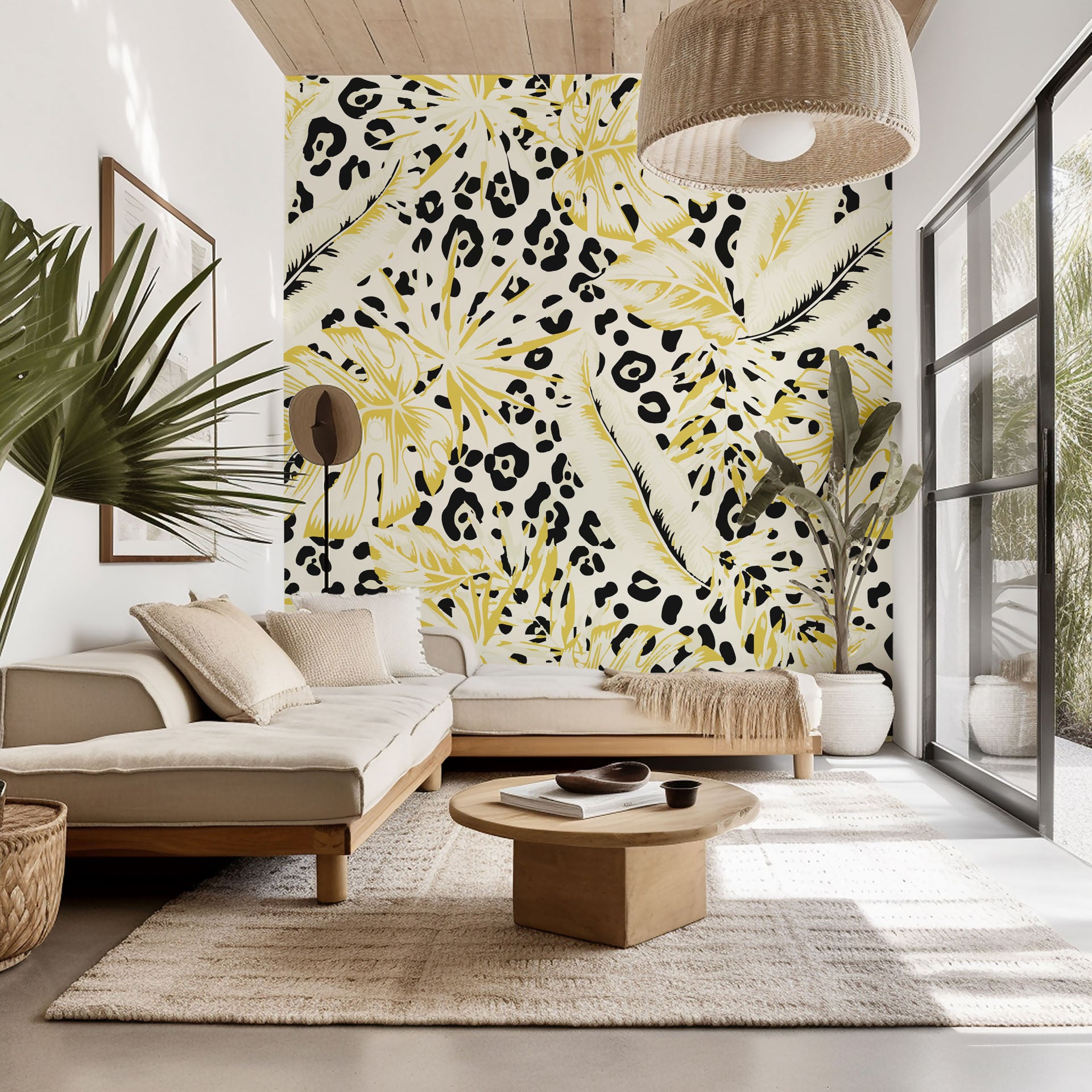 Self-adhesive wall covering featuring yellow tropical leaves merged with a leopard spot design, known as Leopard Bloom