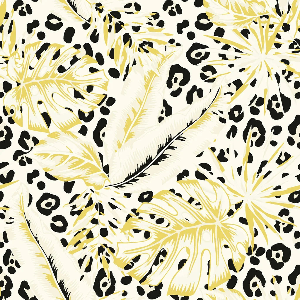 Self-adhesive wall covering decorated with yellow tropical foliage and an integrated leopard spot design