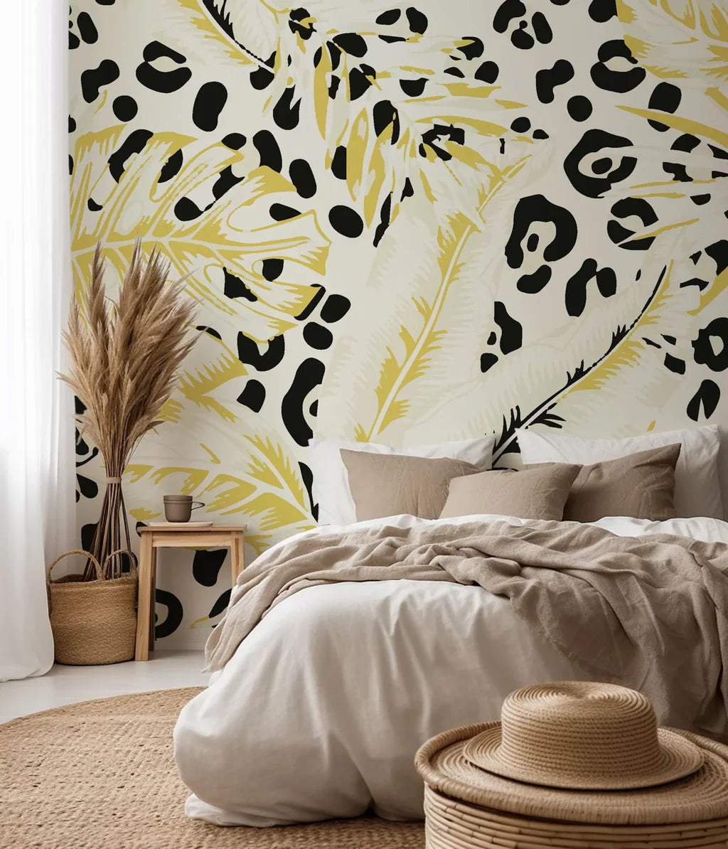 Removable wallpaper featuring yellow tropical foliage alongside a distinctive leopard spot pattern