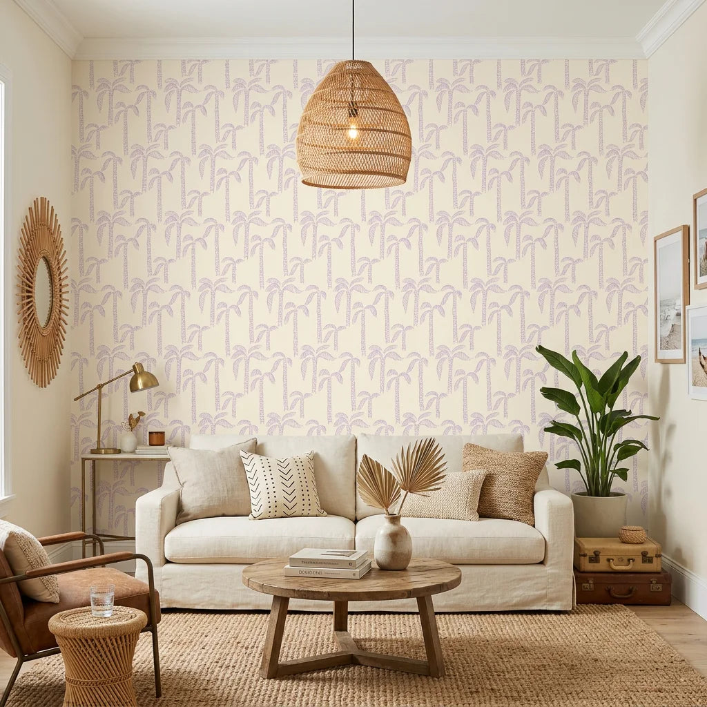 Lilac Palms playful purple palm tree wallpaper in a warm and inviting living room