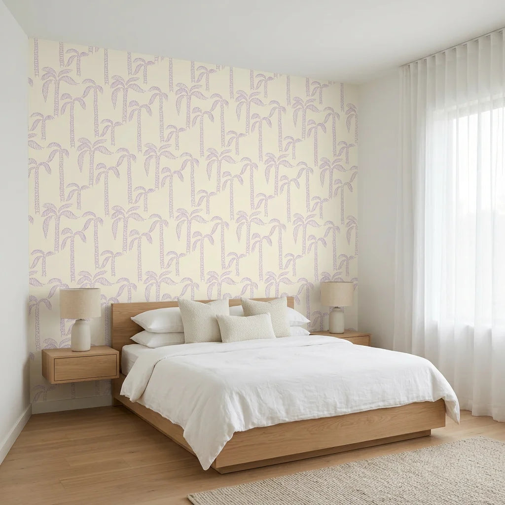 Lilac Palms playful purple palm tree wallpaper adding character to a cozy bedroom
