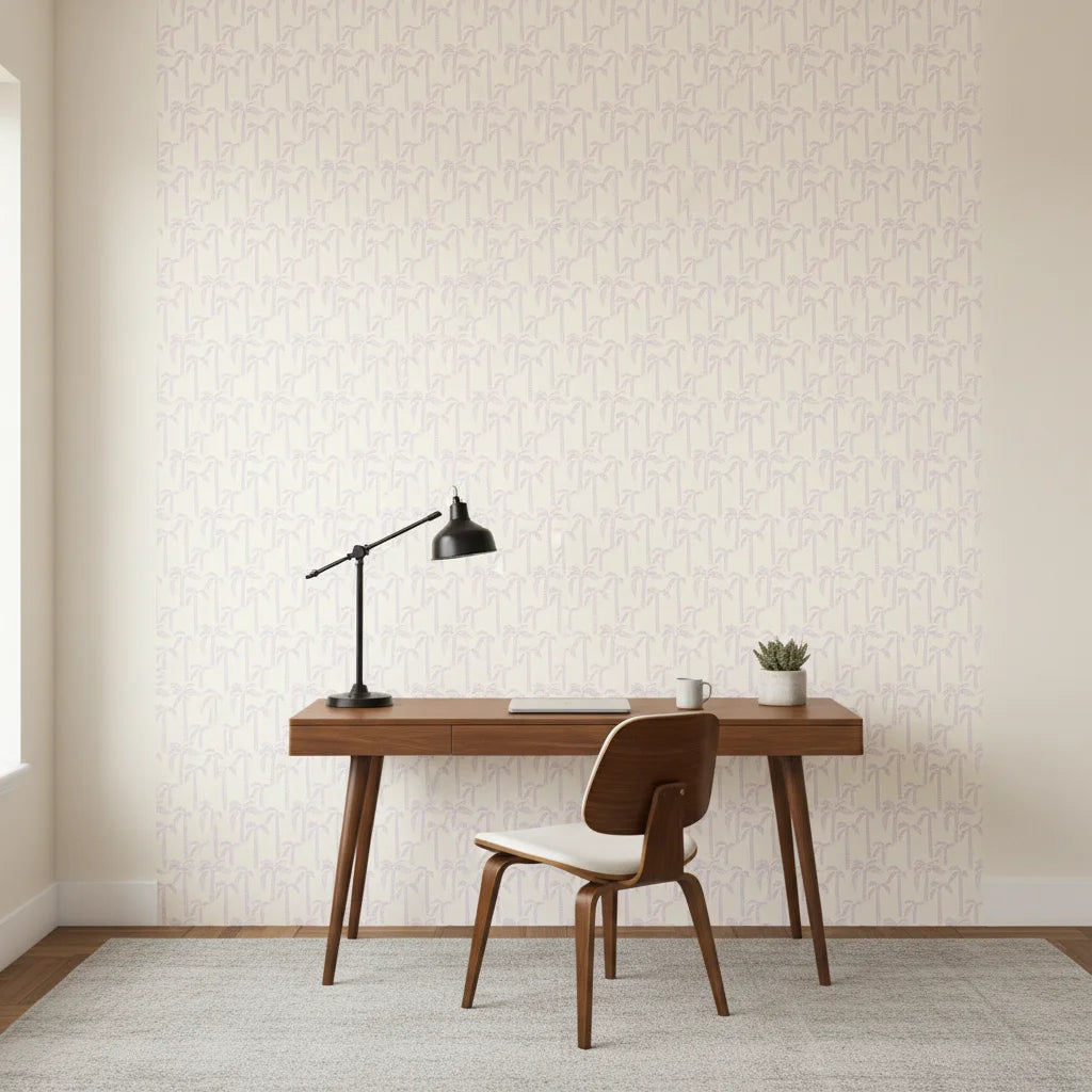 Lilac Palms playful purple palm tree wallpaper as a feature wall in a bright home office