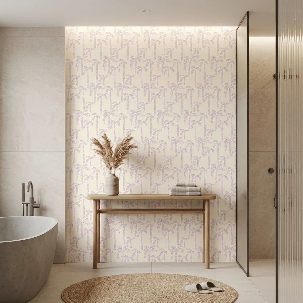 Lilac Palms playful purple palm tree wallpaper creating ambiance in a serene bathroom