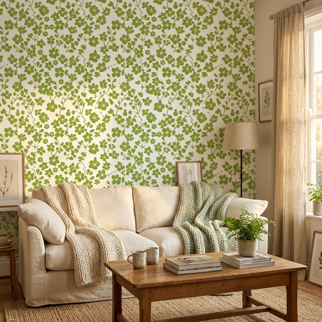 Green botanical Lime Bloom wallpaper with clover pattern on cream background in modern living room