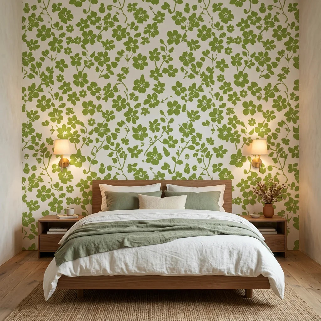 Green and cream Lime Bloom botanical wallpaper featuring clover motifs on modern bedroom accent wall