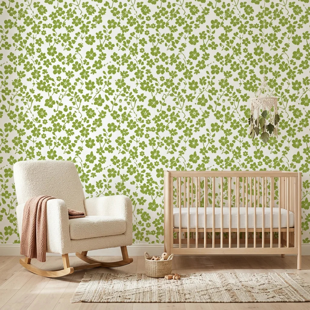 Green and cream Lime Bloom peel and stick wallpaper in modern nursery with natural wood crib