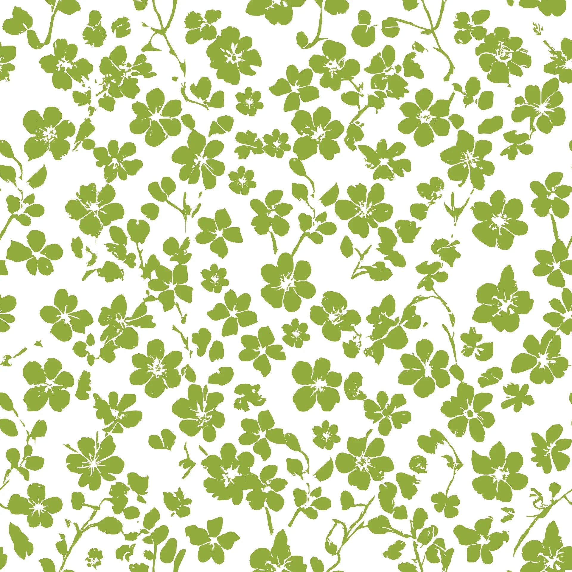 Fresh green Lime Bloom floral wallpaper with hand-painted botanical blooms on white background