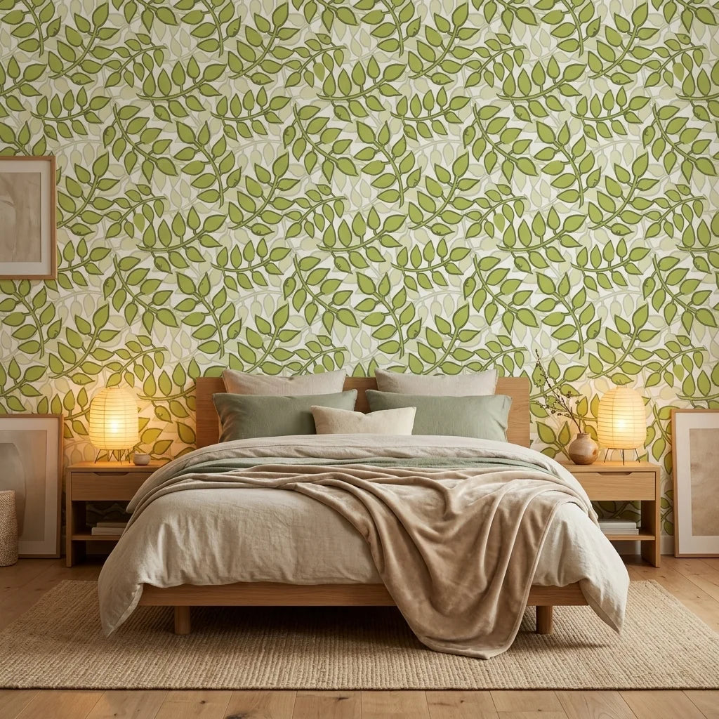 Lime Canopy green botanical peel and stick wallpaper adding character to a cozy bedroom