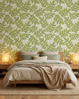 Lime Canopy green botanical peel and stick wallpaper adding character to a cozy bedroom
