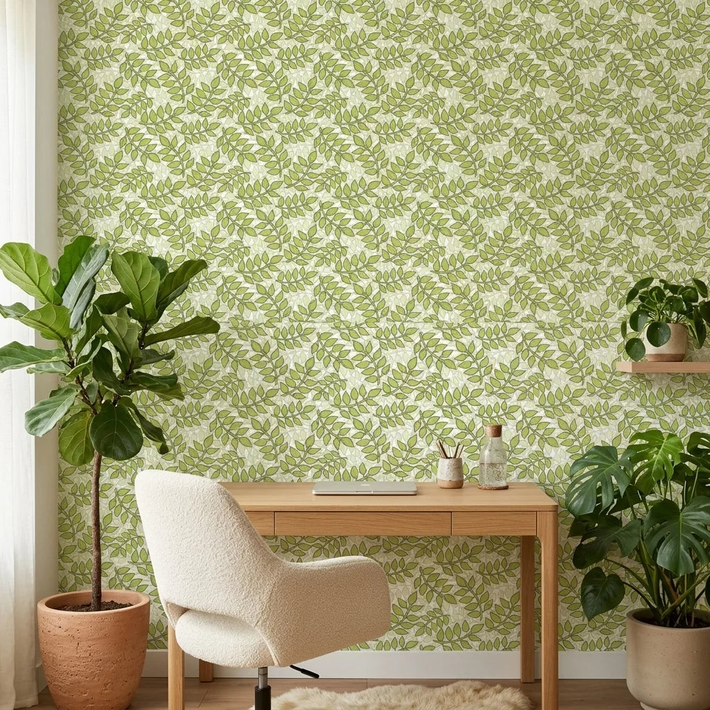 Lime Canopy green botanical peel and stick wallpaper as a feature wall in a bright home office
