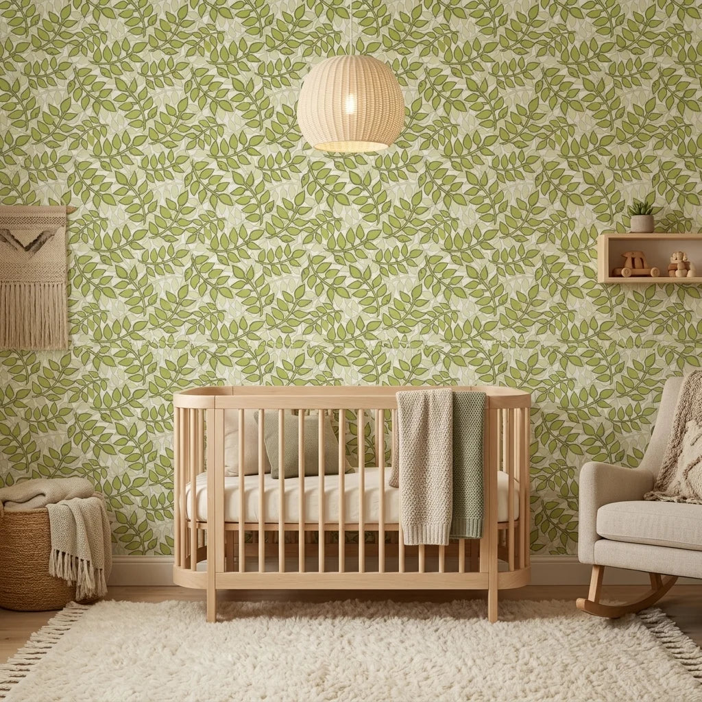 Lime Canopy green botanical peel and stick wallpaper creating ambiance in a serene bathroom