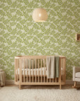 Lime Canopy green botanical peel and stick wallpaper creating ambiance in a serene bathroom