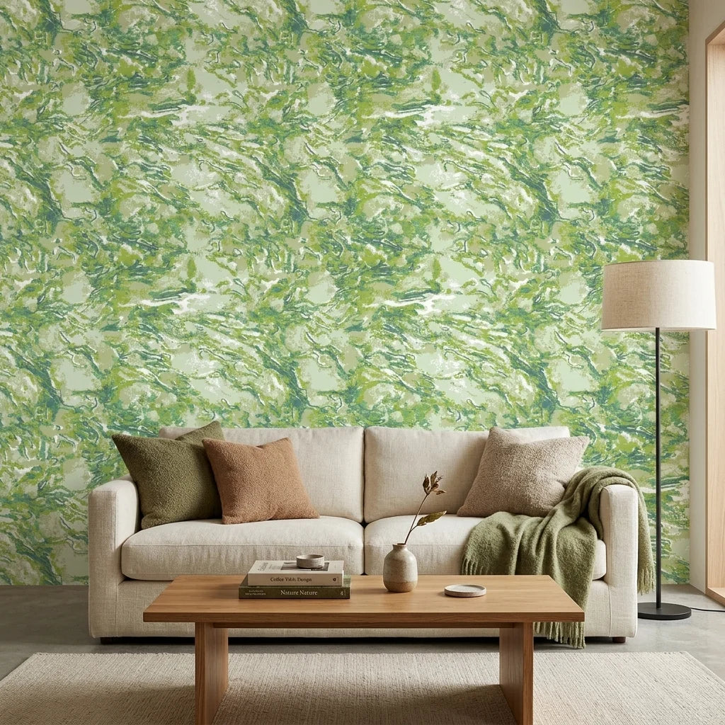 Lime Drift organic green abstract wallpaper in a warm and inviting living room