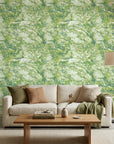 Lime Drift organic green abstract wallpaper in a warm and inviting living room