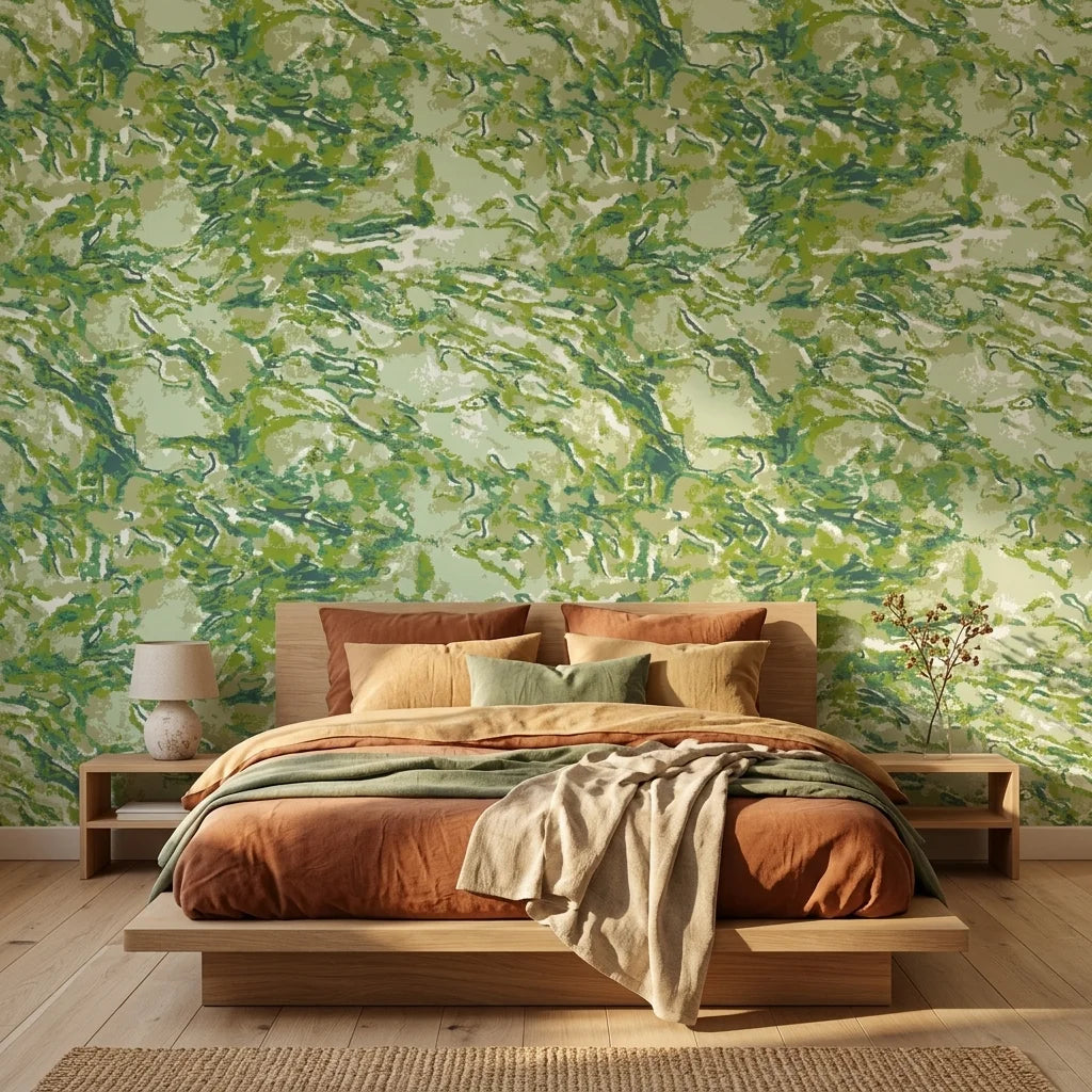 Lime Drift organic green abstract wallpaper adding character to a cozy bedroom