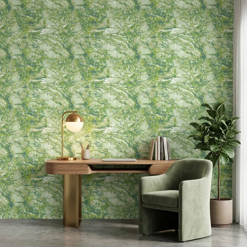 Lime Drift organic green abstract wallpaper as a feature wall in a bright home office