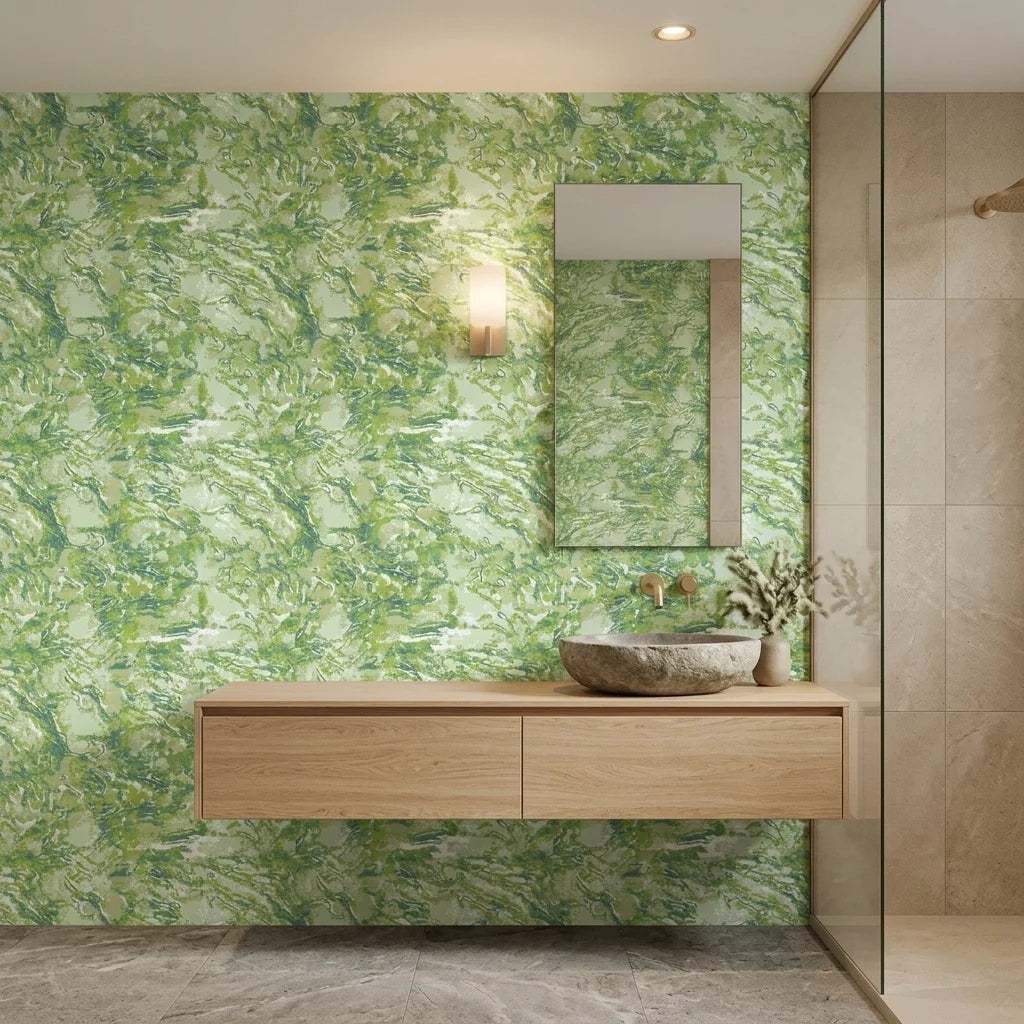 Lime Drift organic green abstract wallpaper creating ambiance in a serene bathroom