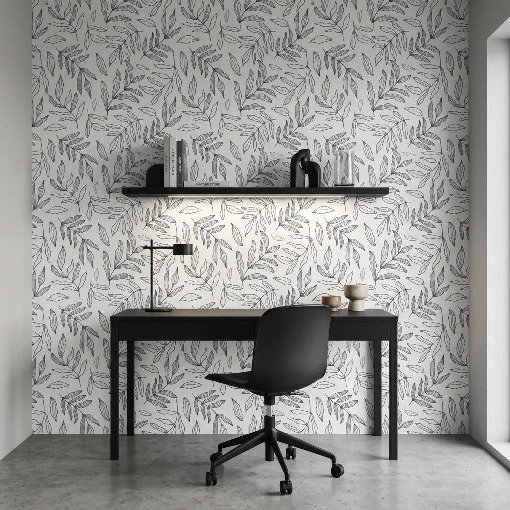 Line &amp; Leaf minimal ink botanical as a feature wall in a bright home office