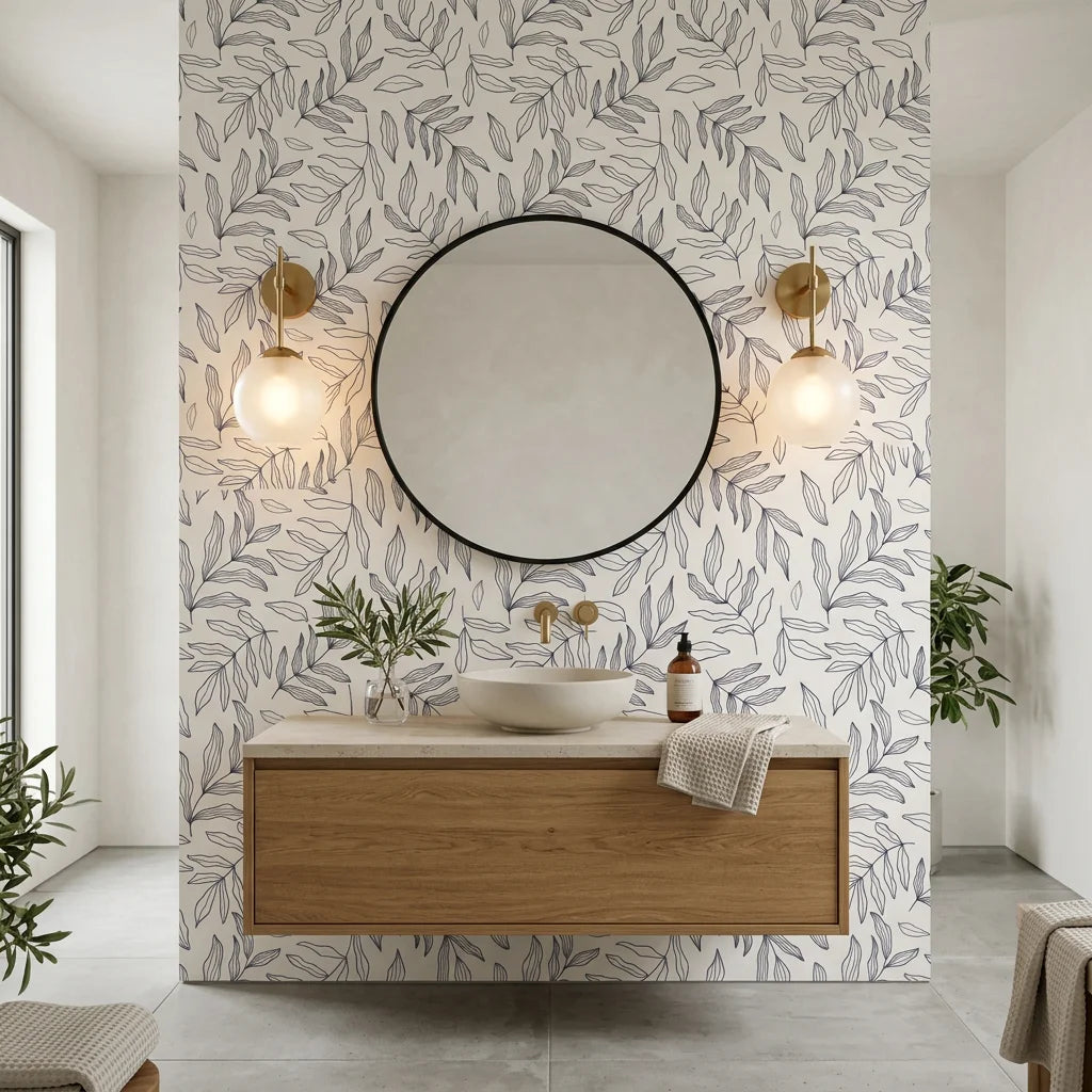 Line &amp; Leaf minimal ink botanical creating ambiance in a serene bathroom
