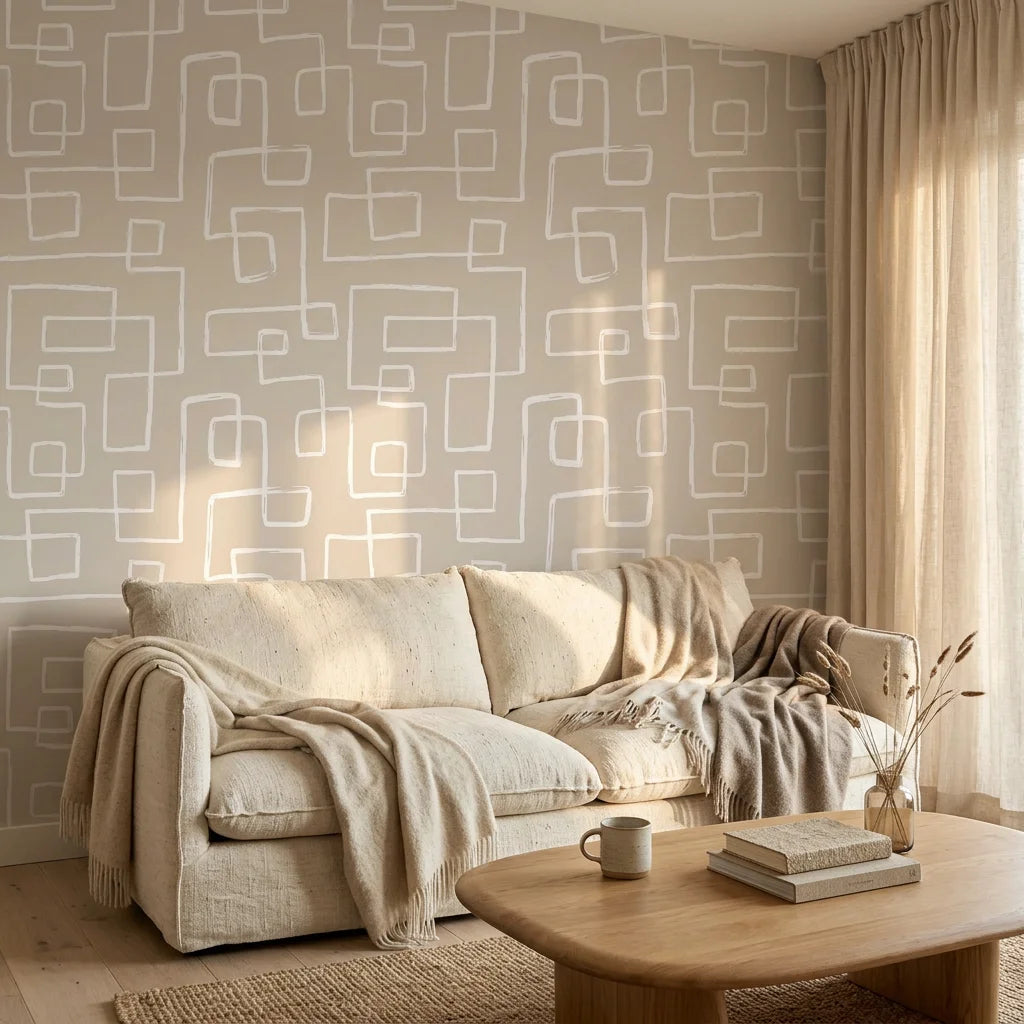 Linear Circuit minimalist line wallpaper in a warm and inviting living room