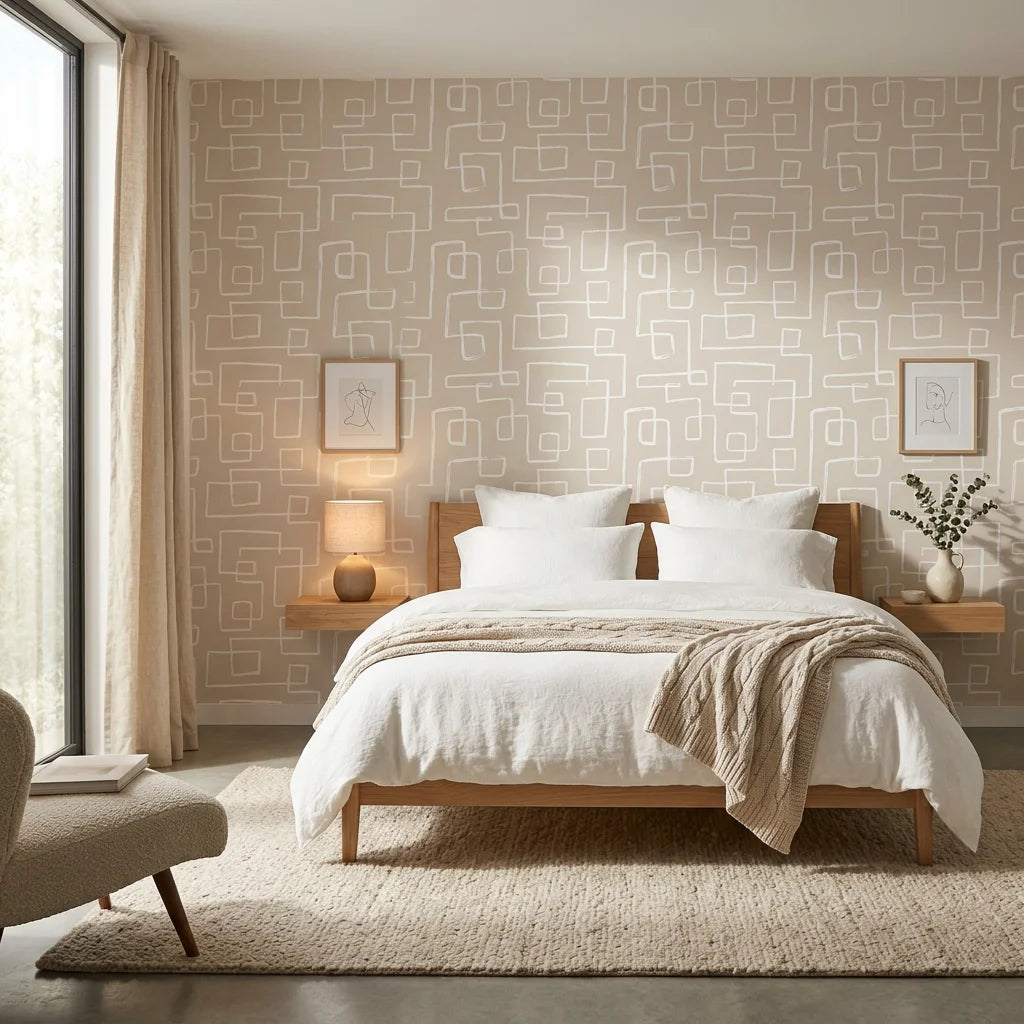 Linear Circuit minimalist line wallpaper adding character to a cozy bedroom