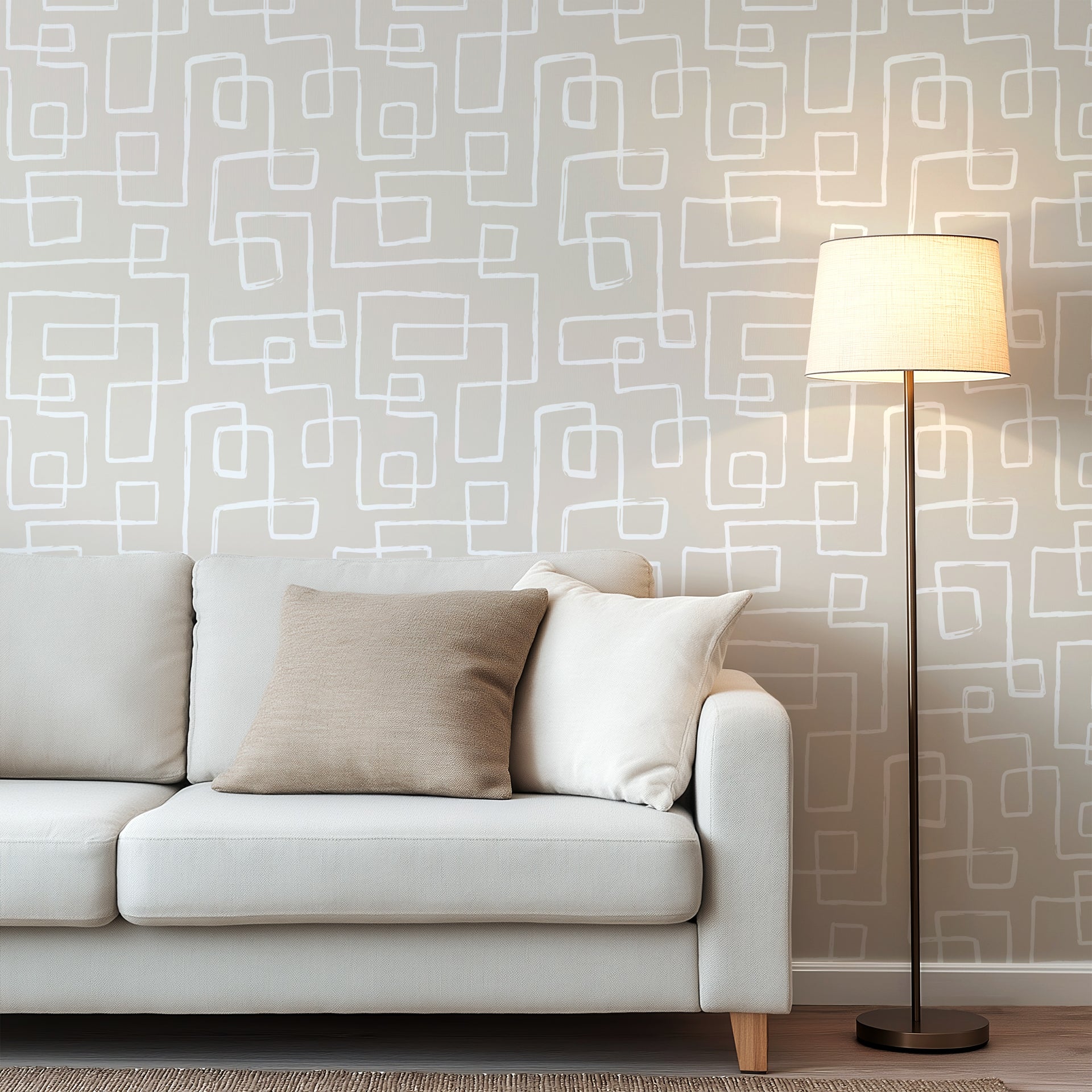 Neutral beige wallpaper with abstract hand drawn white line rectangles arranged in an organic geometric pattern.
