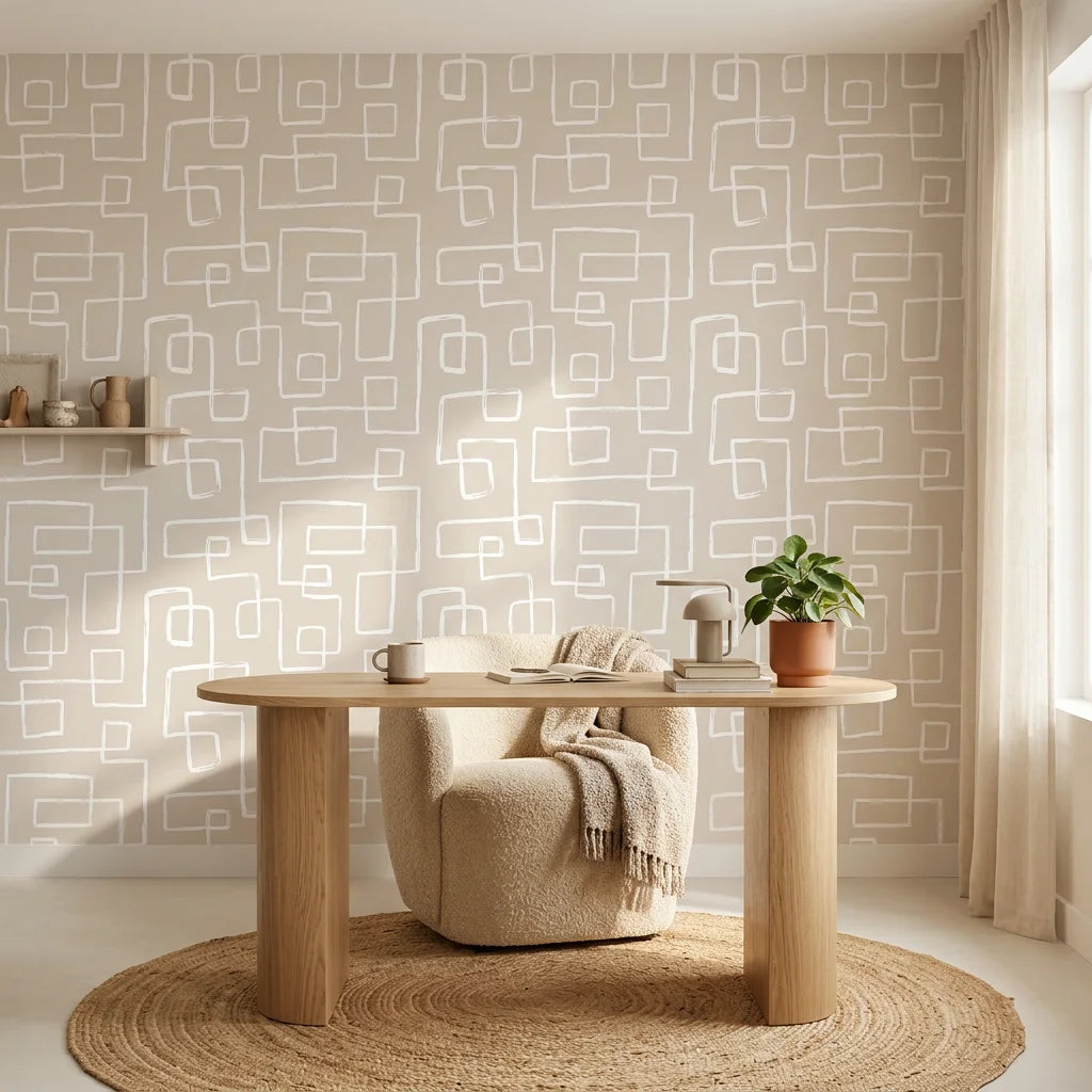 Linear Circuit minimalist line wallpaper as a feature wall in a bright home office