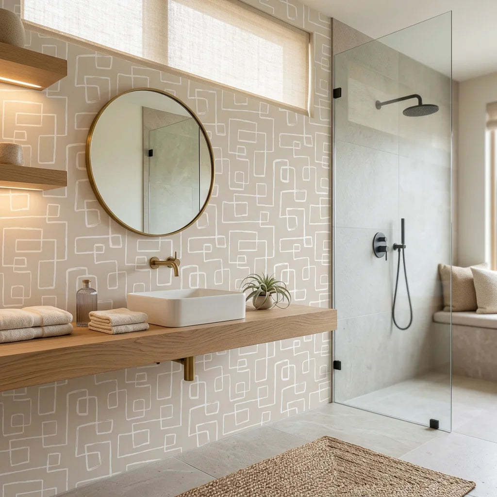 Linear Circuit minimalist line wallpaper creating ambiance in a serene bathroom