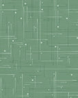 Green and white crosshatch pattern wallpaper with a retro mid-century aesthetic