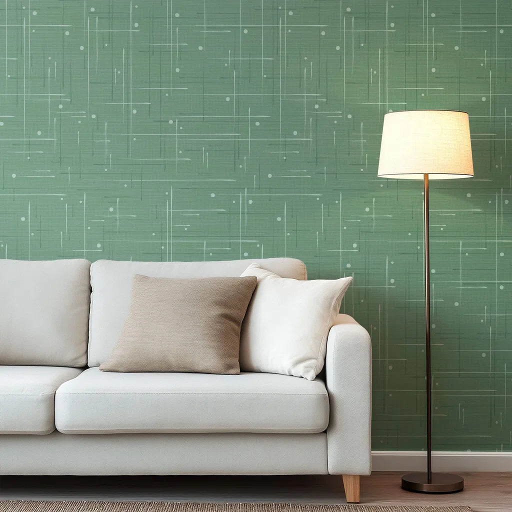 Green and white crosshatch patterned self-adhesive wallpaper in a mid-century style