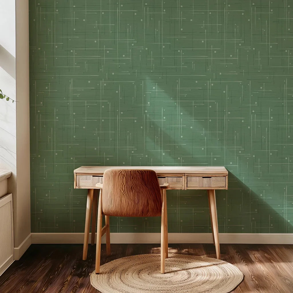 Green and white mid-century crosshatch self-adhesive wallpaper