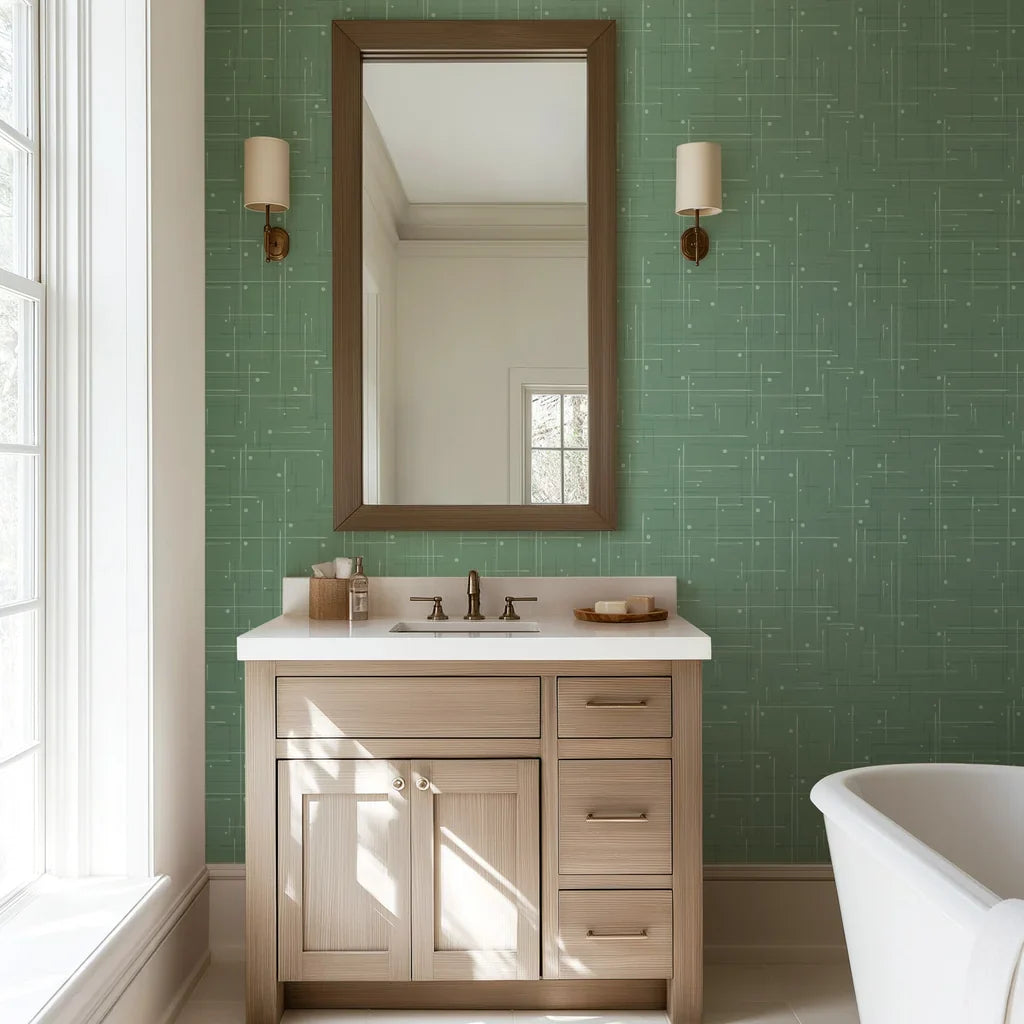 Green and white crosshatch patterned self-adhesive wallpaper in a mid-century modern style