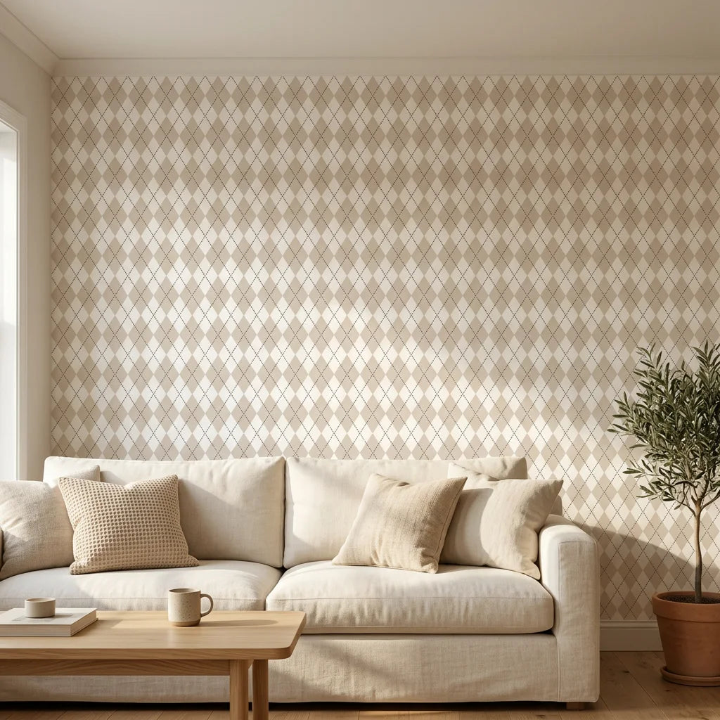 Linen Diamonds neutral argyle diamond in a warm and inviting living room