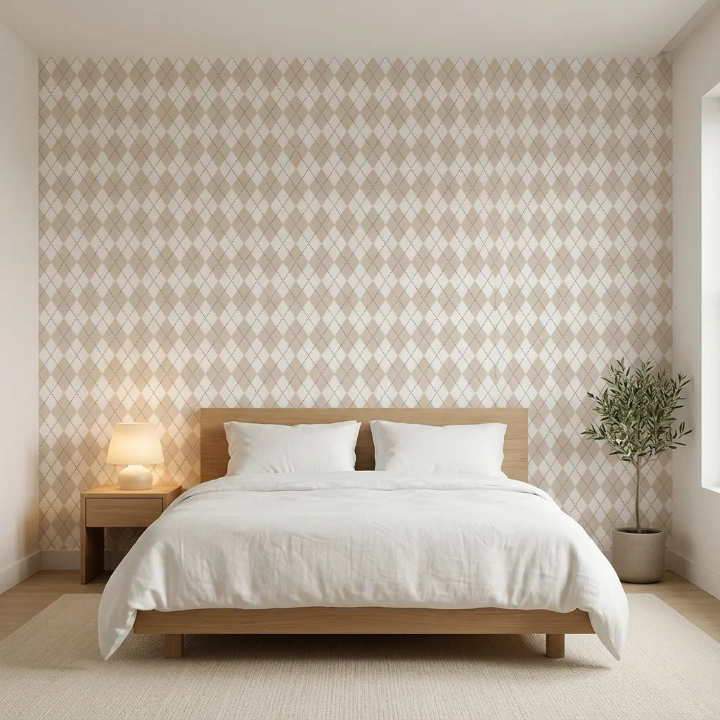 Linen Diamonds neutral argyle diamond adding character to a cozy bedroom